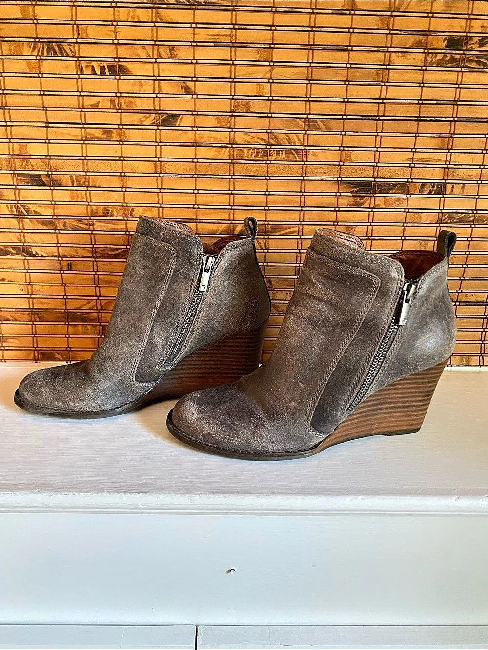 Lucky Brand Leather Wedge Ankle Boots, Gray, Size 8